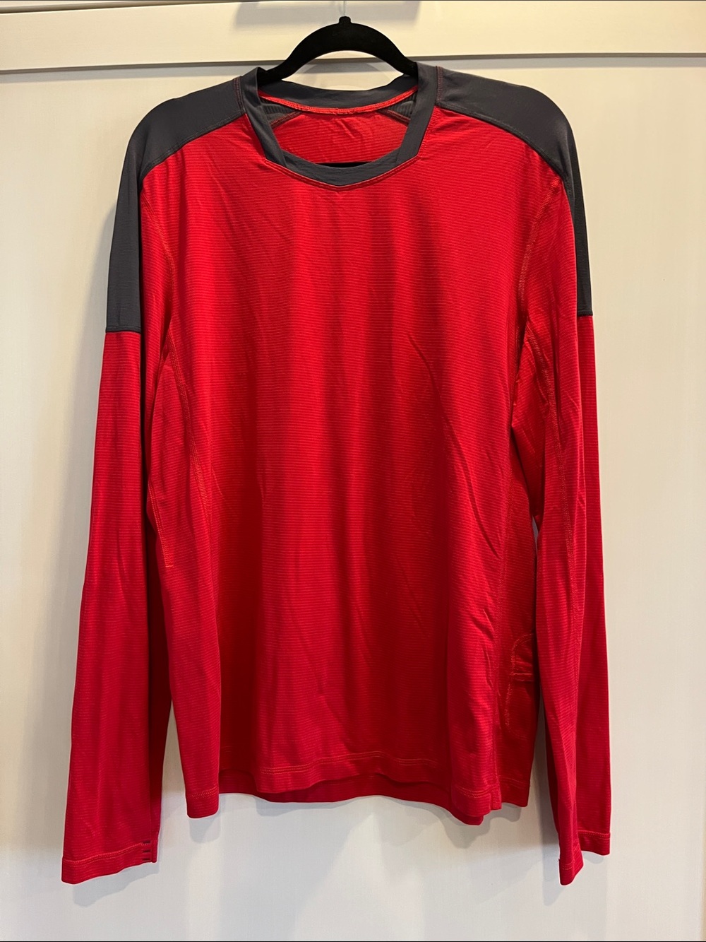 Men's Long-Sleeve Lululemon’s Performance Shirt - Red, Charcoal Accents, pocket